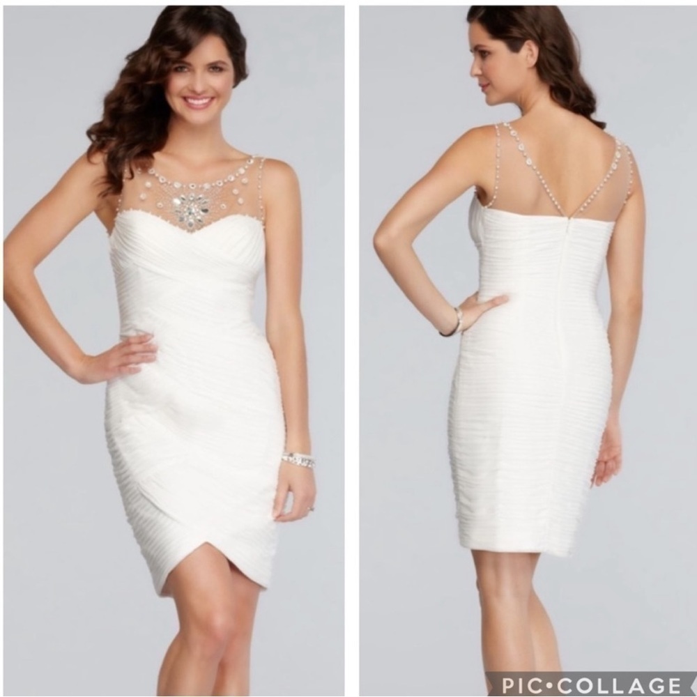 Adrianna Papell White Illusion Ruched Jeweled Rhinestone Sheath Dress Size 8P